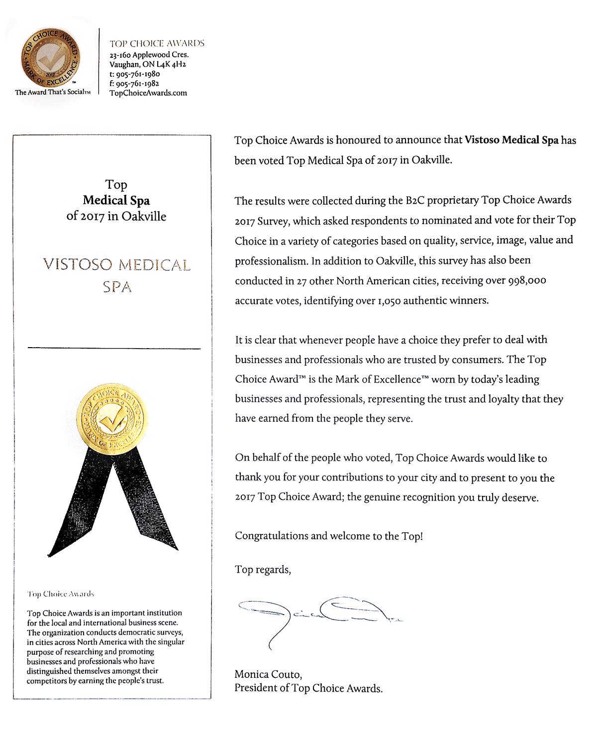 Vistoso med spa Top Choice Award